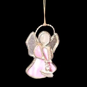 Vintage Ganz Pink Stained Glass Angel Ornament Suncatcher - Silver Tone